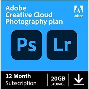 12-Mo. Adobe Creative Cloud Photo Plan w/ 20GB Cloud Storage (Digital Download) $95 