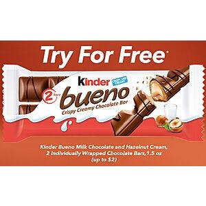 2-Bar 1.5oz. Kinder Bueno Milk Chocolate and Hazelnut Cream Chocolate Bars Free to Claim (Up to $2 Off; Valid at Participating Retailers)