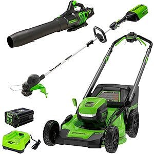 Greenworks - 80V 21” Lawn Mower, 13” String Trimmer, and 730 Leaf Blower Combo with 4 Ah Battery & Charger 3-piece combo - Green $599.99