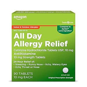 90-Ct Amazon Basic Care All Day Allergy 10 mg Cetirizine Hydrochloride Tablets $4.30 w/ Subscribe & Save