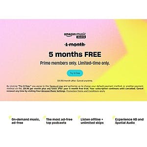 Select Prime Members: 5-Month Amazon Music Unlimited Individual Plan Free (Valid for New Subscribers Only)