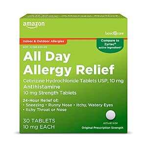 30-Ct Amazon Basic Care All Day Allergy Cetirizine Hydrochloride Tablets (10 mg) $2.20 w/ Subscribe & Save