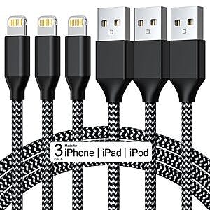 3-Pack BSJXD 10-Ft iPhone USB to Lightning Charging Cable $3 