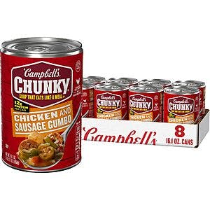 Campbell's Chunky Soup Chicken and Sausage Gumbo, Chicken Noodle, Chicken Pot Pie 8pk starting $11.61 AC w/ 5% S&S, $10.06 AC w/ 15% S&S