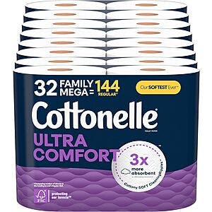 32-Count Cottonelle Family Mega Rolls Toilet Paper (Ultra Clean or Ultra Comfort) $22.60 w/ Subscribe & Save