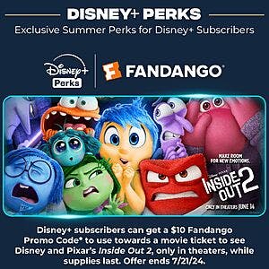 Disney+ Subscribers: $10 Fandango Promo Code for Inside Out 2 Movie Ticket Free 