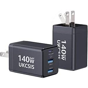 2-pk UKCSIS up to 140W 3-Port GaN Foldable Wall Charger (USB-C, 2x USB-A) $19.50 + Free Shipping