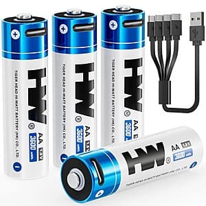 4-Pk HW AA USB-C Rechargeable 1.5V 3600mWh Lithium Batteries $10.80