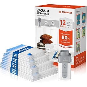 12-Pk ETENWOLF Vacuum Storage Bags w/ USB-C Rechargeable Air Pump $11