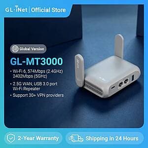 GL.iNet GL-MT3000 (Beryl AX) Wi-Fi 6 Wireless Travel Gigabit Router $58.50 + Free S&H