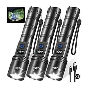 3-pk Tughlax Rechargeable LED Flashlights w/ 10000 Lumens, LCD Display & 5 Modes $15