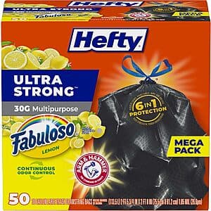 50-Ct Hefty Ultra Strong 30 Gallon Trash Bags (Fabuloso Lemon Scent) $9.95 w/ S&S