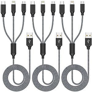 3-Pk 4' Xnewcable 3-In-1 Multi Charge Cable (USB-C, MicroUSB, Lightning) $5