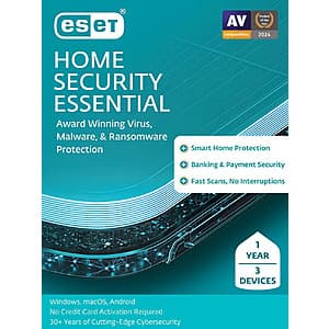 1-Year ESET Home Security Essential (3 Devices, Digital Download) $13 & More
