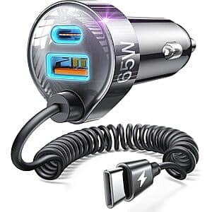 Lisen 35W PD + 30W QC 3.0 Car Charger Adapter w/ 48" 30W Coiled Cable (Black) $8