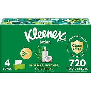 4-Pack 180-Count Kleenex Lotion 3-Ply Facial Tissues w/ Coconut Oil & Aloe $4 w/ Subscribe & Save