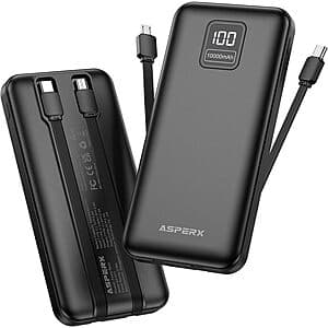 2-Pack AsperX 10000mAh Power Bank w/ Integrated USB-C Cables $18 + Free S&H