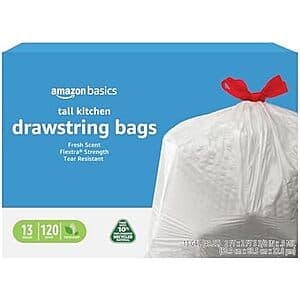 120-Ct 13-Gal Amazon Basics Tall Flextra Kitchen Drawstring Trash Bags $10.30 w/ S&S