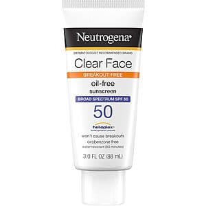 3-Oz Neutrogena Clear Face Breakout Free Oil-Free SPF 50 Sunscreen Lotion (Unscented) $2.95 w/ Subscribe & Save